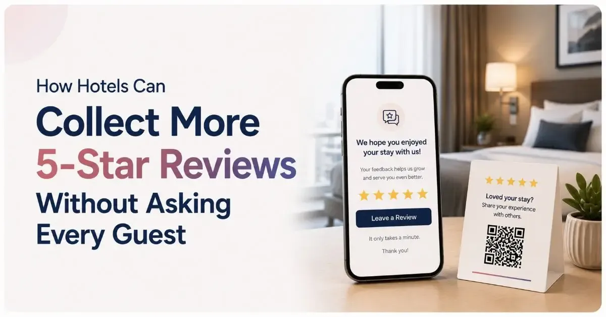 Hotel 5-star reviews feature showing QR code and digital feedback system to collect more guest reviews