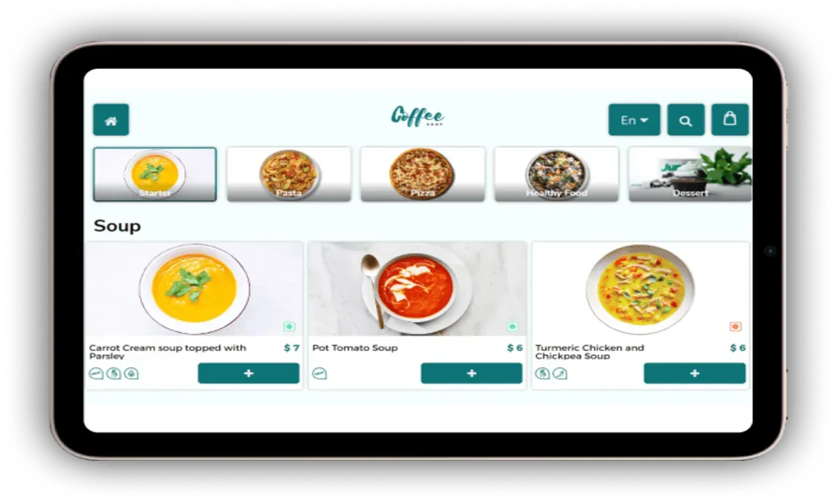 Restaurant digital menu dashboard on tablet with online food ordering system and interactive categories for hotels and cafes