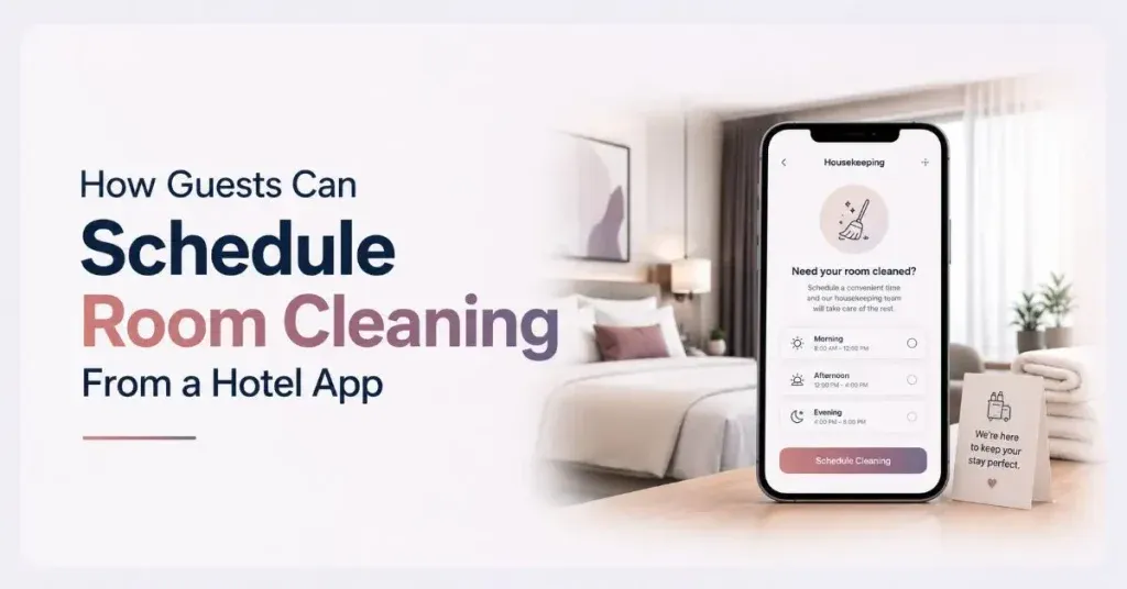Guest scheduling room cleaning through a hotel app by selecting a preferred housekeeping time slot from a smartphone