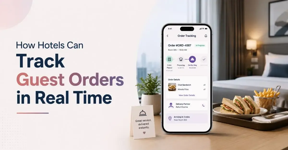 Track guest orders in real time using a hotel restaurant dashboard that displays order received, preparing, in delivery, and completed statuses for faster guest service.