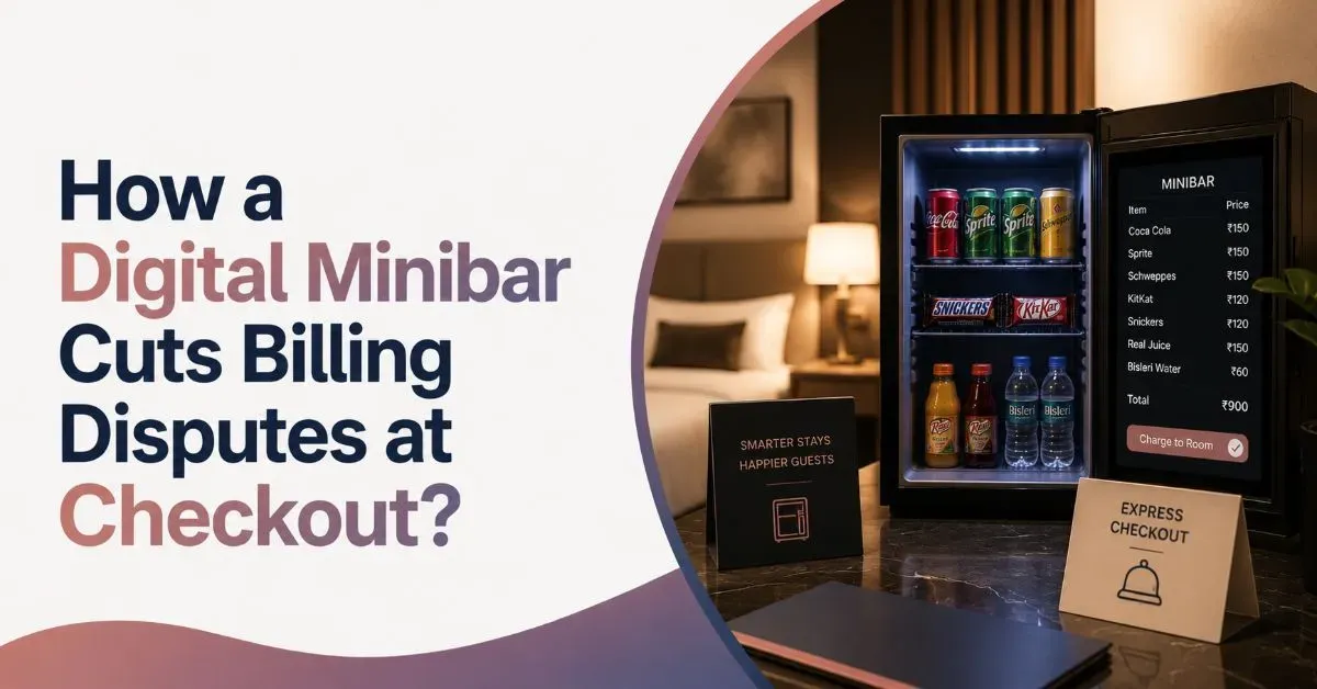 Hotel digital minibar inventory displaying beverages and snacks for automated minibar management and guest room service tracking