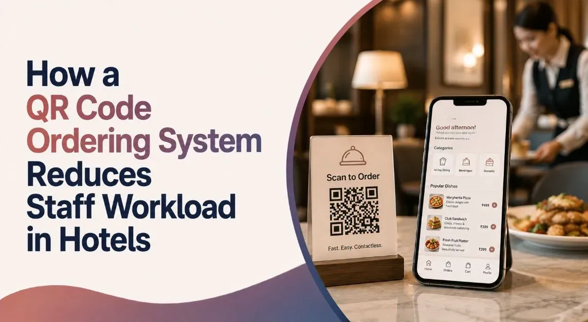 Hotel guest scanning QR code menu on smartphone at restaurant table