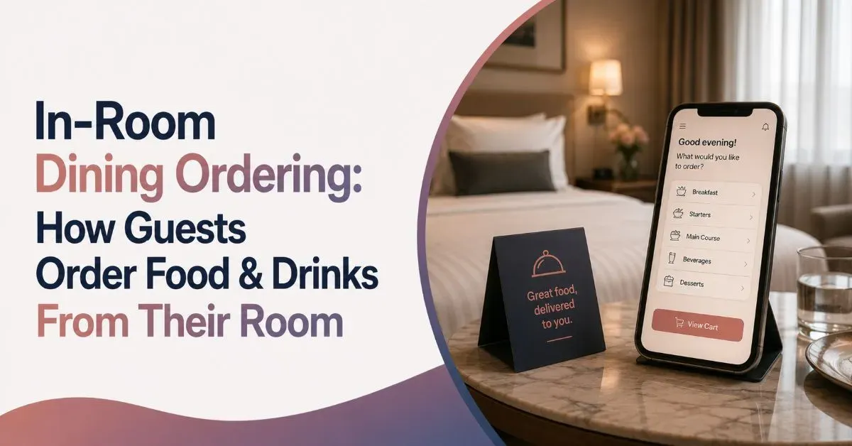 In-room dining ordering through a hotel app that lets guests browse menus, place food orders, and receive digital room service updates