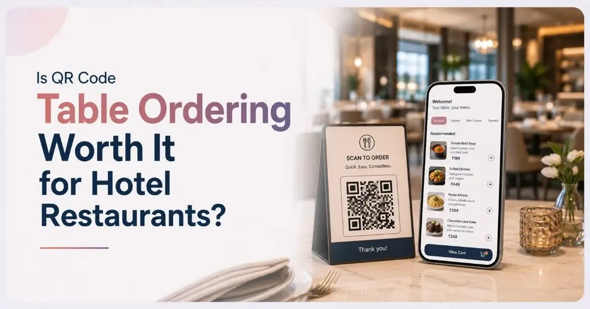 Guest using QR code table ordering in a hotel restaurant to view a digital menu and place food orders from a smartphone.