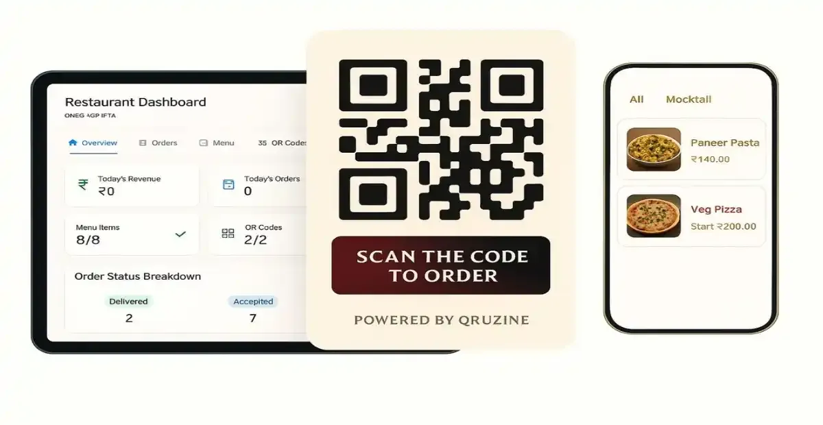 Restaurant dashboard with QR code ordering system and digital menu display