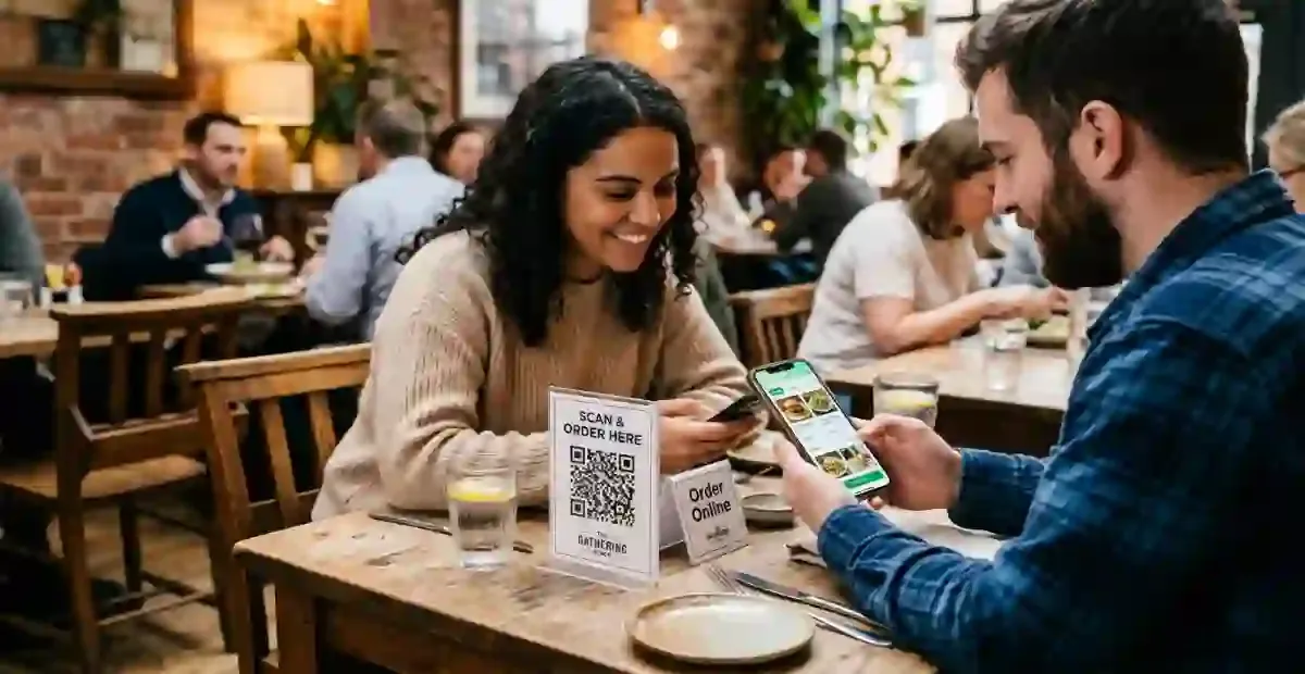 Restaurant QR table ordering setup with smartphone menu browsing, digital ordering technology and served food on table