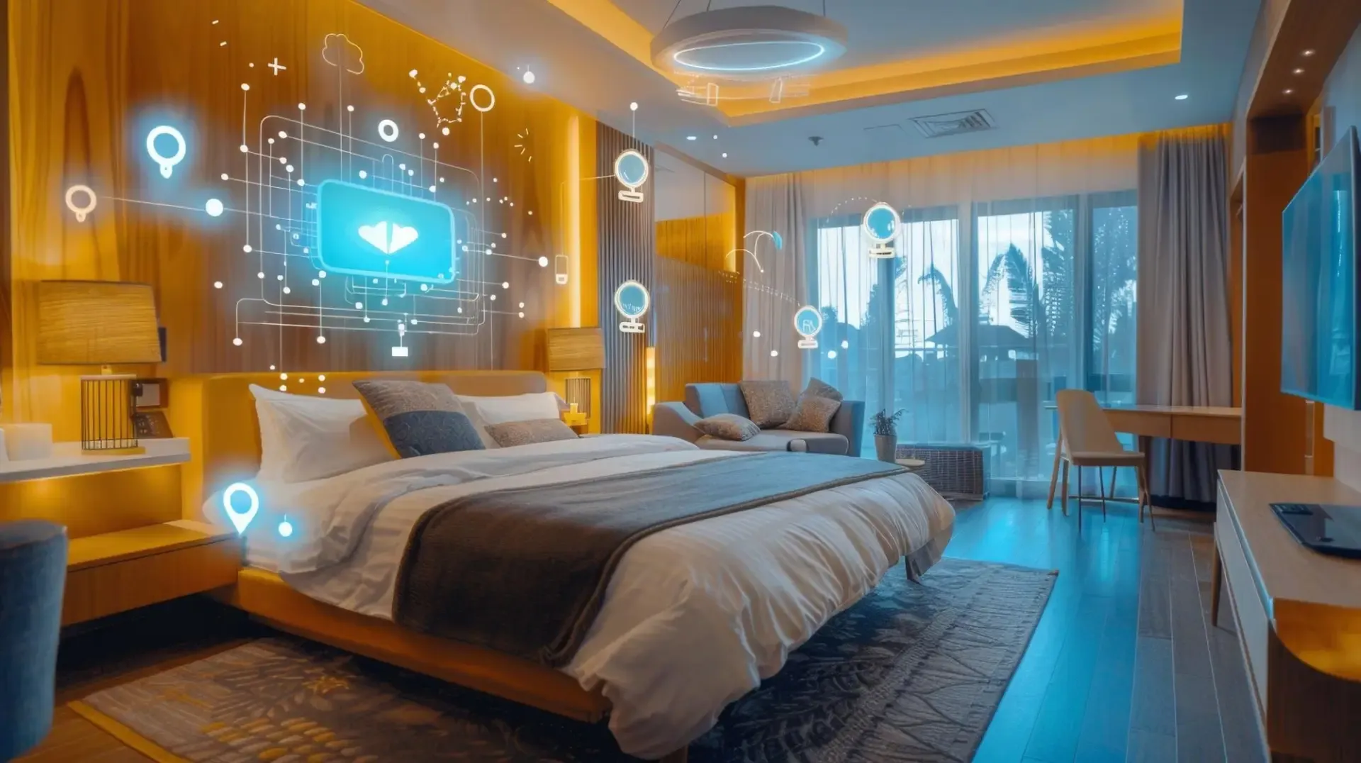 AI-powered smart hotel room showcasing AI in hospitality with intelligent room controls, personalized guest experiences, and hotel automation technology.