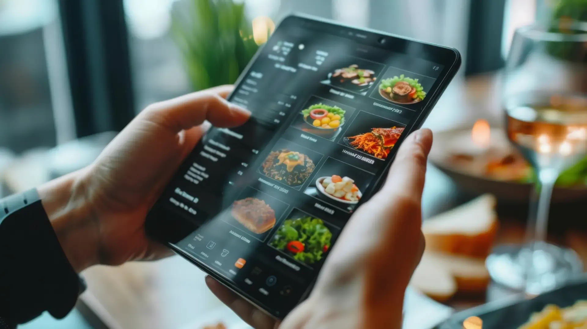 Hotel guest browsing a digital menu on a tablet to order food and beverages through a contactless hotel dining system