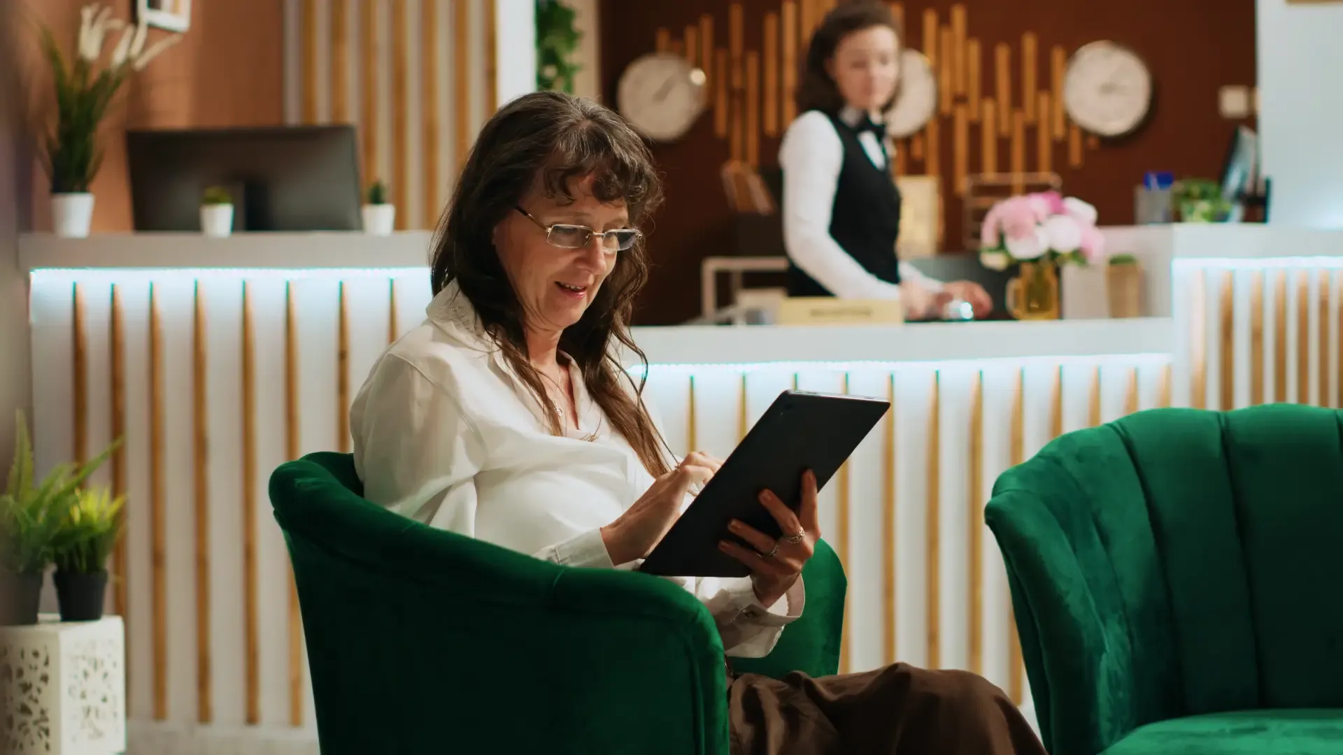 Hotel guest using a digital self-service platform in the lobby to access amenities and enhance hotel guest comfort through contactless service