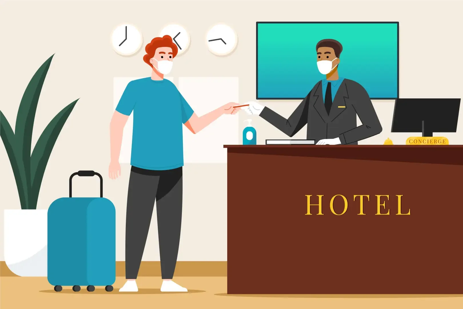 Hotel guest checking in at the front desk with reception staff during the arrival process