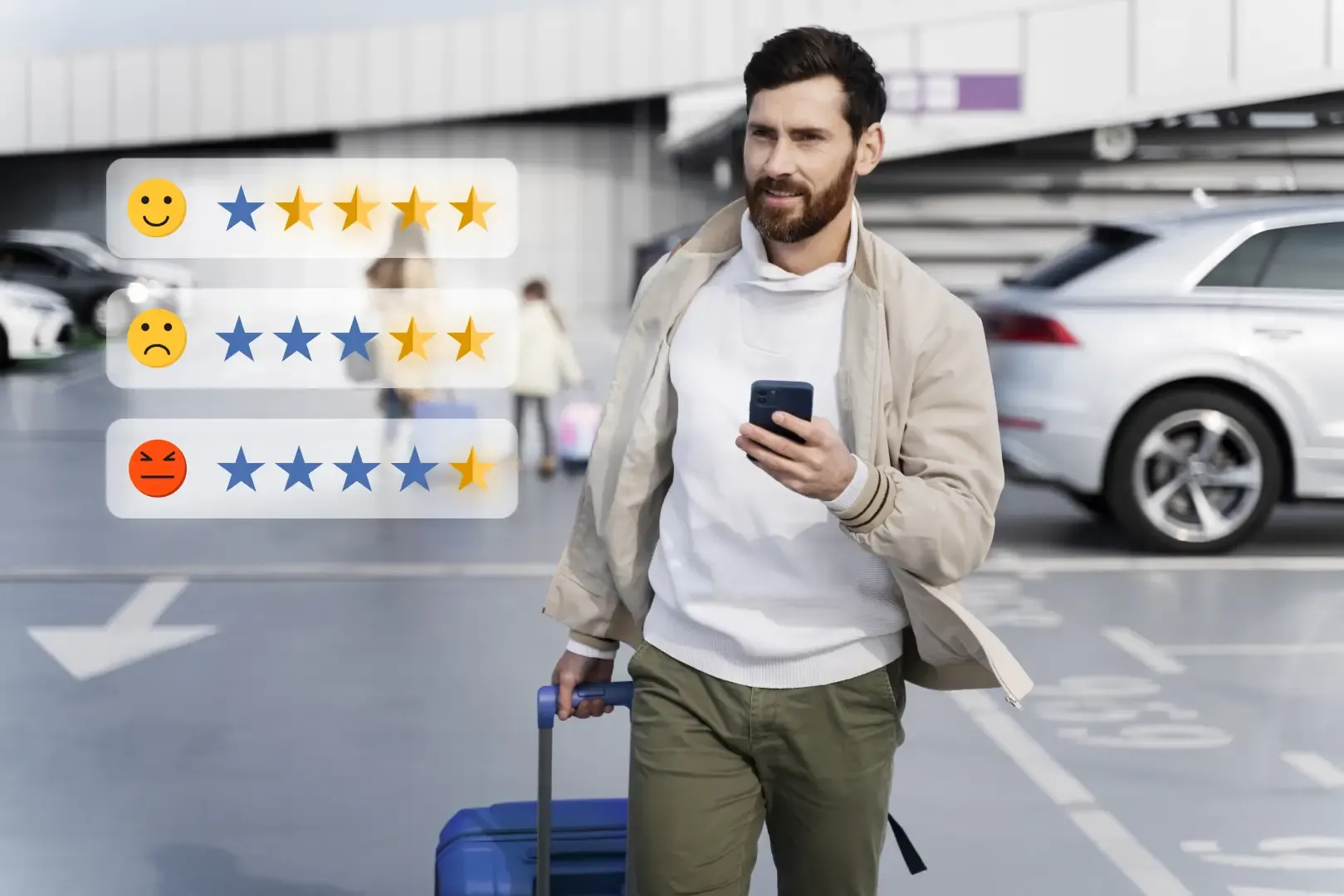 Hotel guest leaving a star rating and online review on a smartphone after checkout