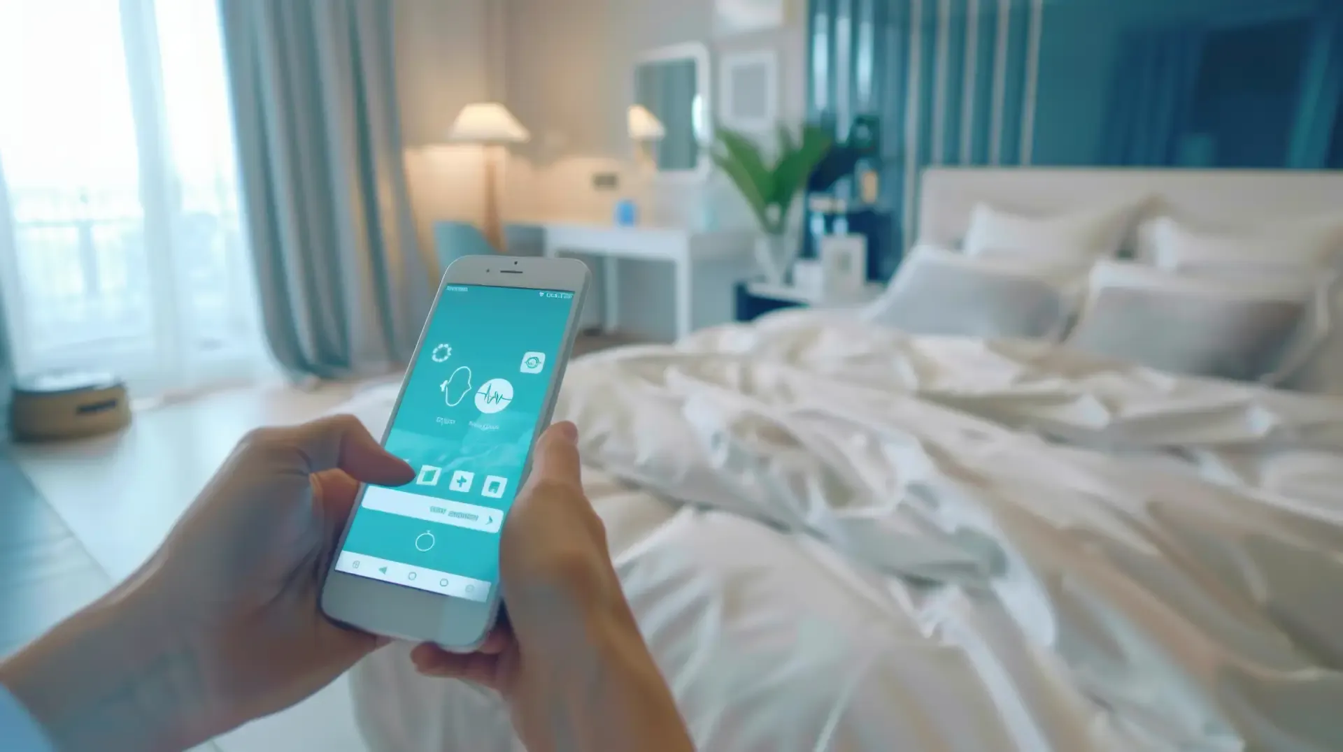 Hotel guest using a mobile app in a hotel room to request housekeeping services and manage room cleaning preferences