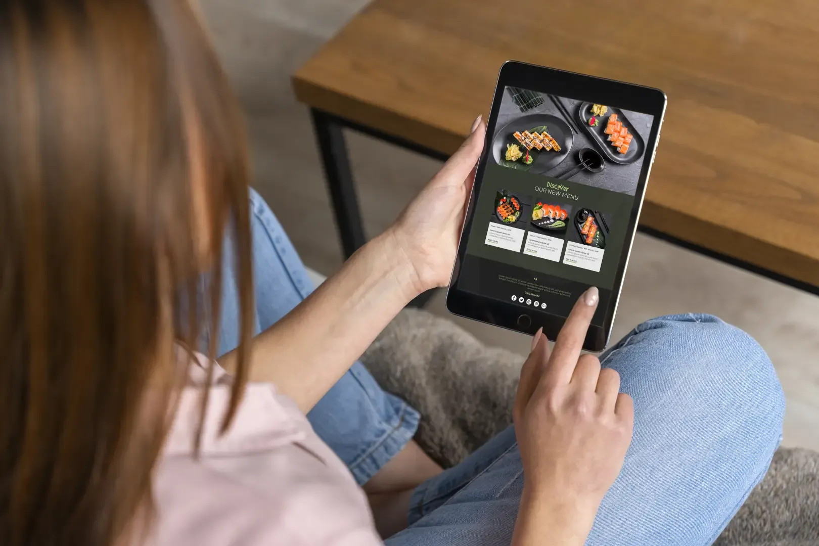 Hotel guest viewing a digital menu on a tablet for in-room dining ordering and hotel room service ordering