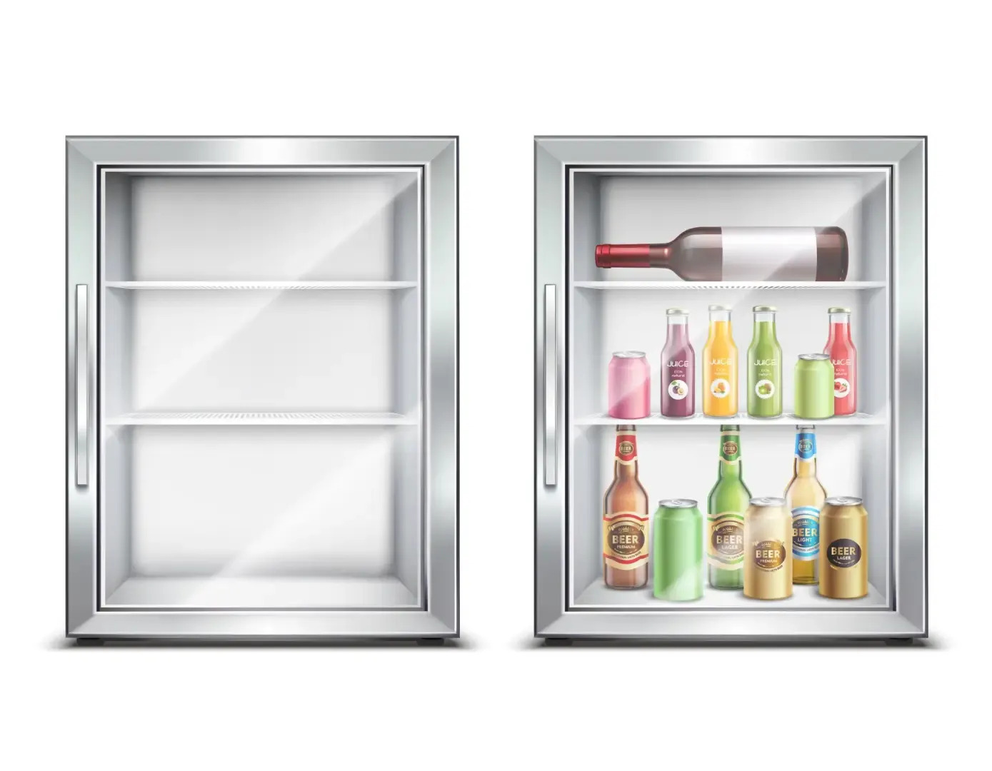 Hotel minibar inventory displaying beverages and snacks for automated minibar management and guest room service tracking