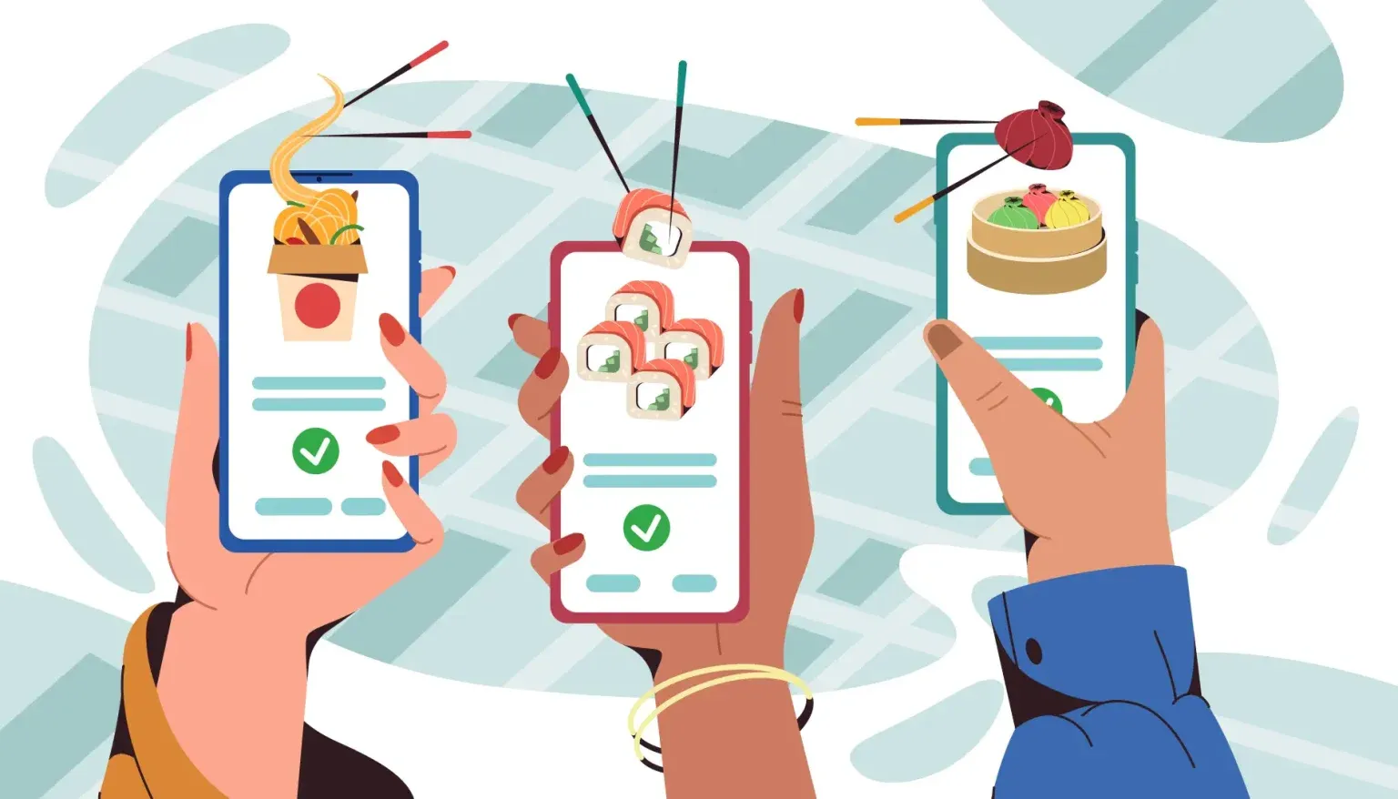 Guests using mobile devices to order meals through a digital room service platform with menu selection and online ordering