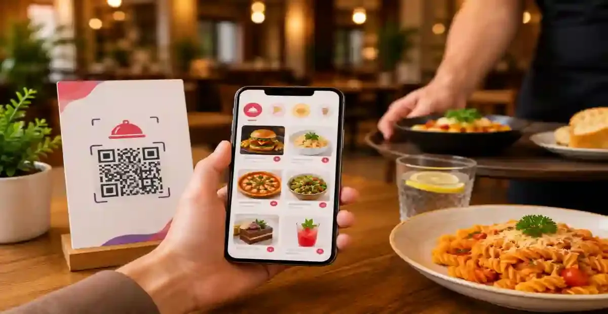 QR code menu ordering system in a modern restaurant with customer scanning QR on table using smartphone and digital food menu interfacep